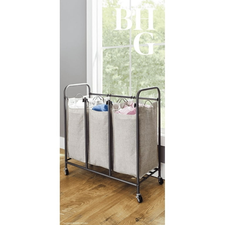 3-Bag Laundry Sorter, Grey Woven Fabric Bins, Rolling Metal Frame