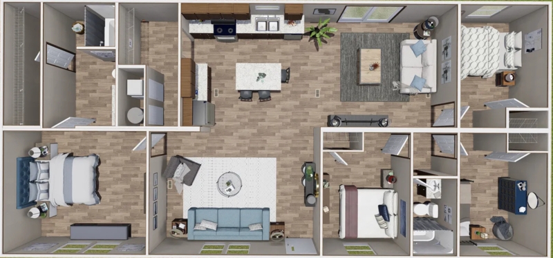 3D Render Overhead Floor Plan, Contemporary Transitional Style