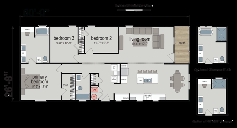 60 Foot Manufactured Home Plan with Integrated Porch Area