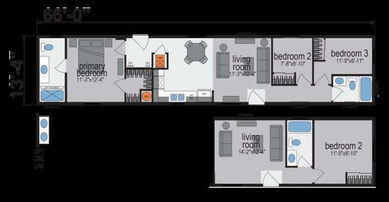 66 Foot Mobile Home Design with Three Bedrooms and Open Layout