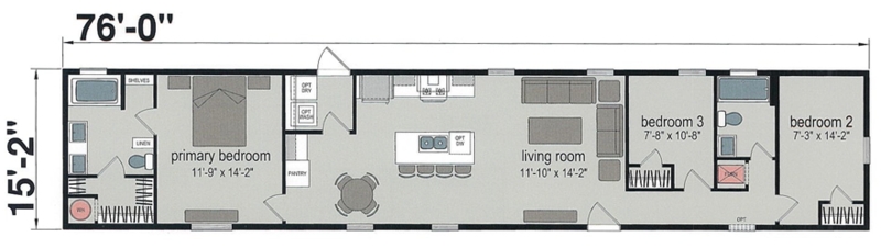 76 Foot Three Bedroom Single Wide Floor Plan