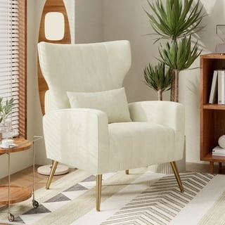 Accent Chair Beige Wingback Gold Legs Matching Pillow Mid-Century