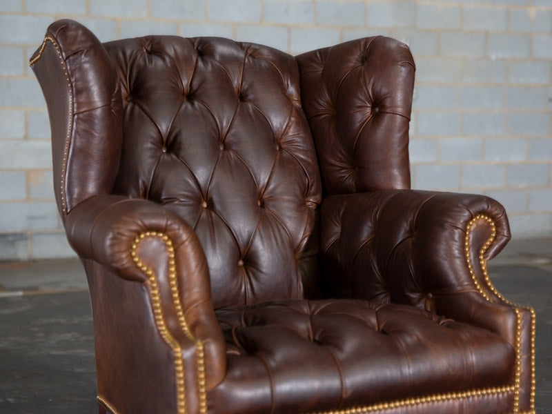 Accent Chair: Dark Brown Wingback with Scroll Arms and Brass Studs