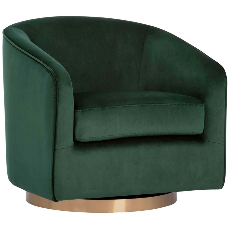 Accent Chair Deep Green Velvet Swivel Base Barrel Back Gold Plinth