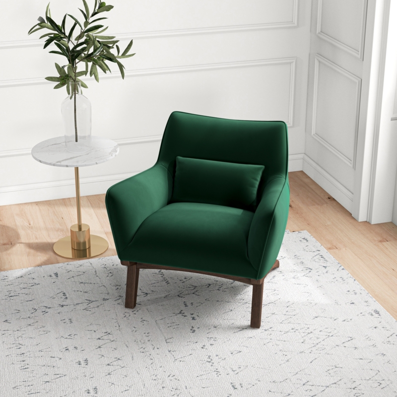 Accent Chair Emerald Green Wood Legs Lumbar Pillow Mid Century