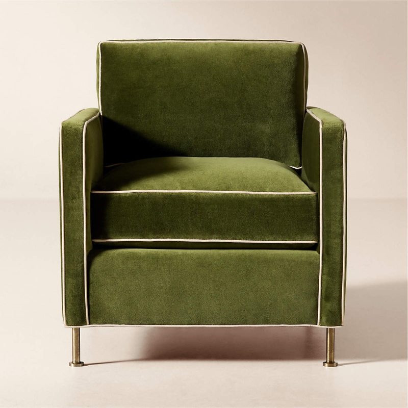 Accent Chair Jade Green Velvet Contrast Piping Boxy Design Gold Legs