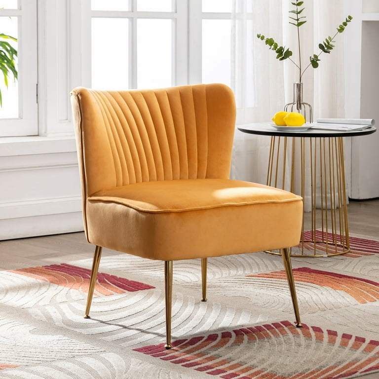 Accent Chair Mustard Yellow Velvet Channel Tufted Gold Tapered Legs