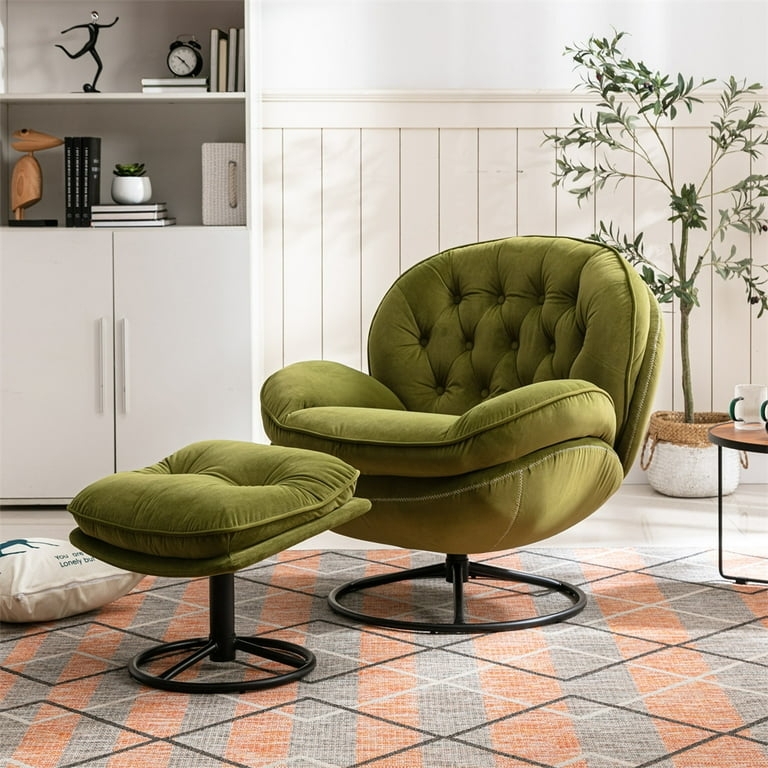 Accent Chair Olive Green Velvet Swivel Pedestal Base Matching Ottoman