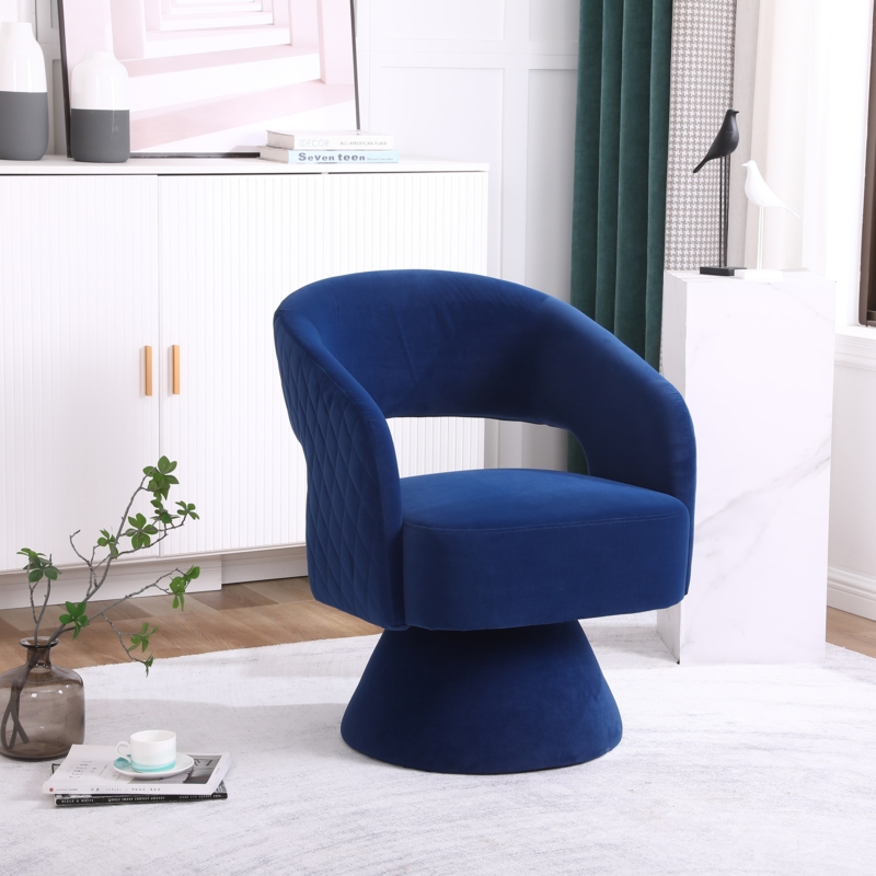 Accent Chair Royal Blue Velvet Swivel Barrel Diamond Quilted Pedestal
