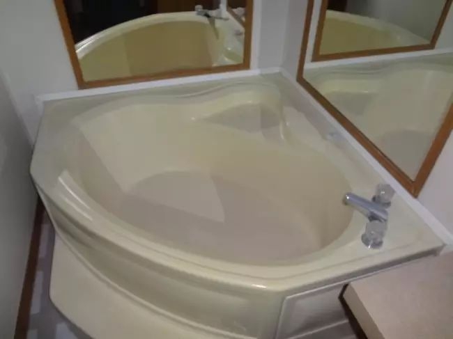 Almond Drop-In Bathtub Design with Corner Step and Mirrors
