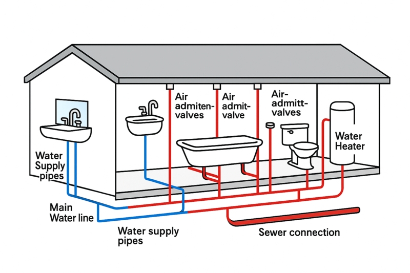 Annotated Plumbing Diagram with Cutaway View and Air Admittance Valves