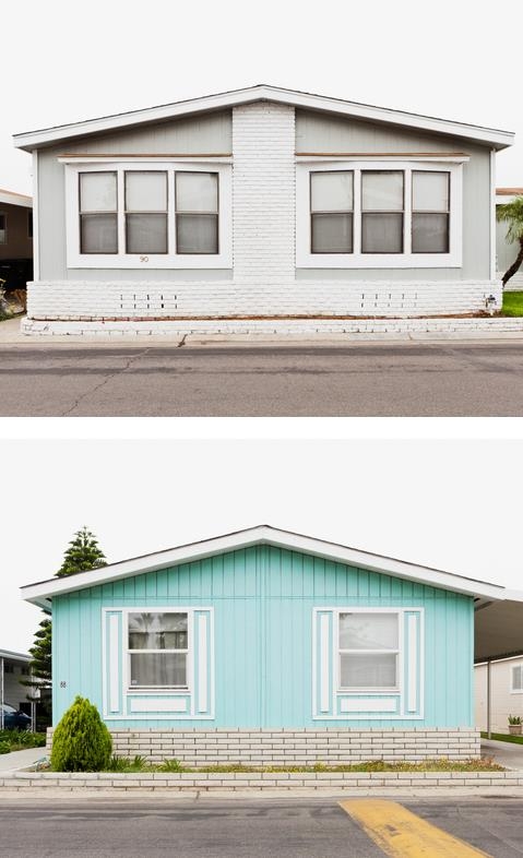 Aqua Mobile Home Exterior Comparison with White Brick Skirting