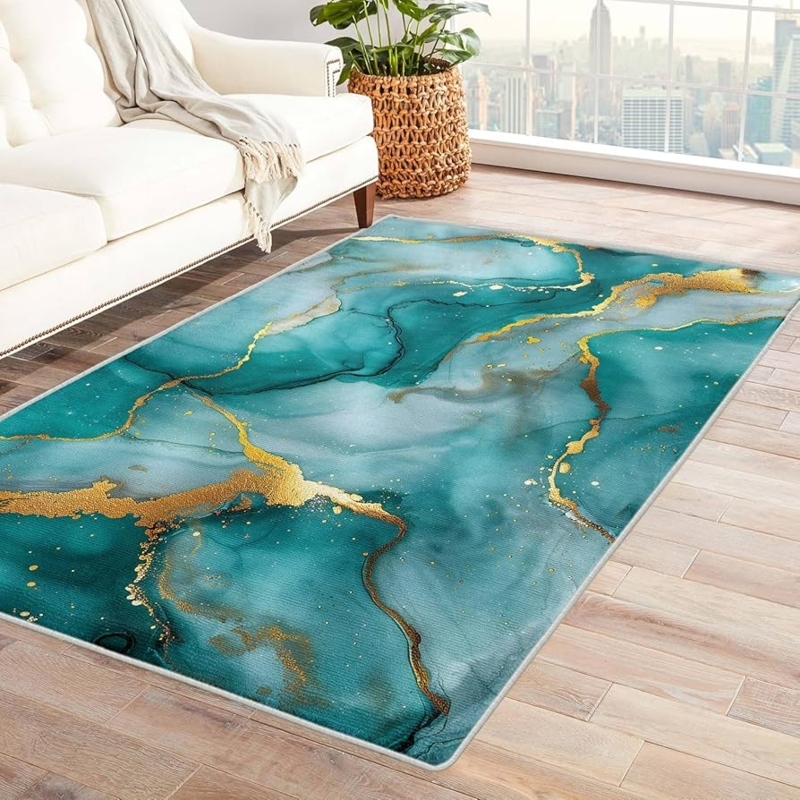 Area Rug Abstract Marble Pattern Gold Veined Contemporary Living