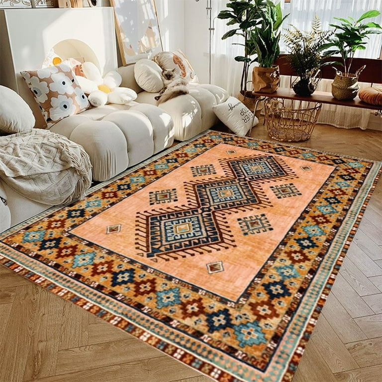 Area Rug Bohemian Geometric Decor, Salmon Field with Fringed Ends