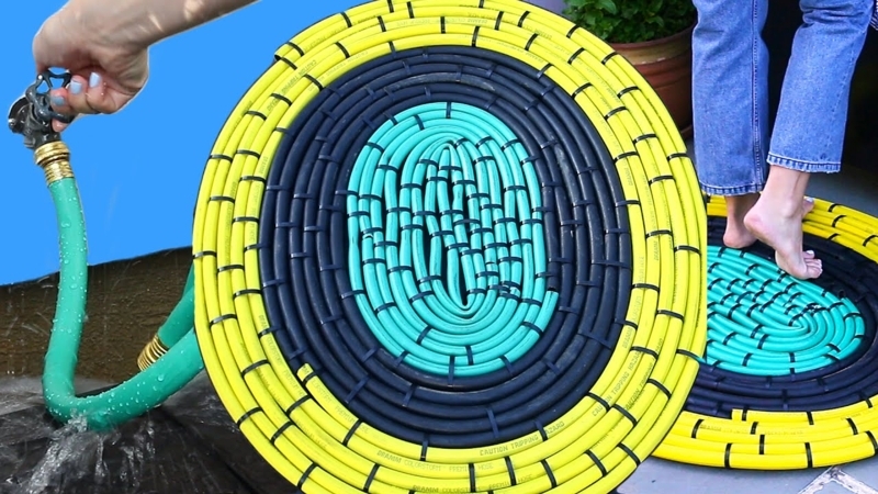 Area Rug, Vibrant Concentric Oval Pattern, Repurposed Garden Hose Rug