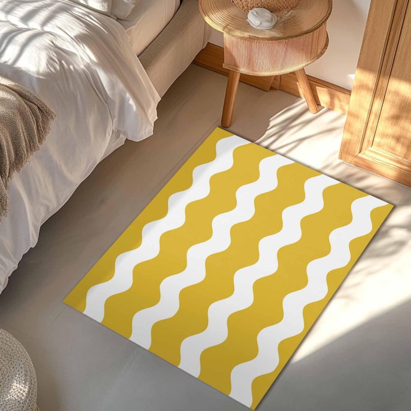 Area Rug with Yellow Wavy Stripes, Modern Graphic Bedroom Decor