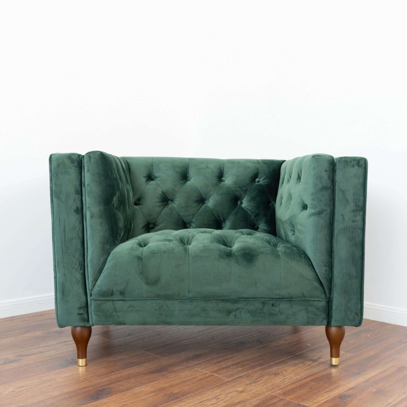 Armchair Emerald Green Velvet Diamond Tufted Gold Capped Legs