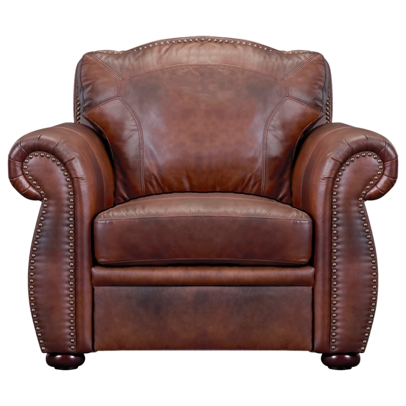 Armchair in Chestnut Brown with Classic Rolled Arms and Nailhead Trim