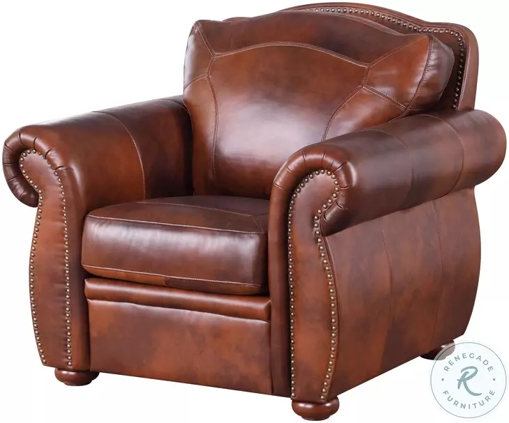 Armchair in Mottled Brown Leather-Like Fabric with Rustic Nailhead Trim