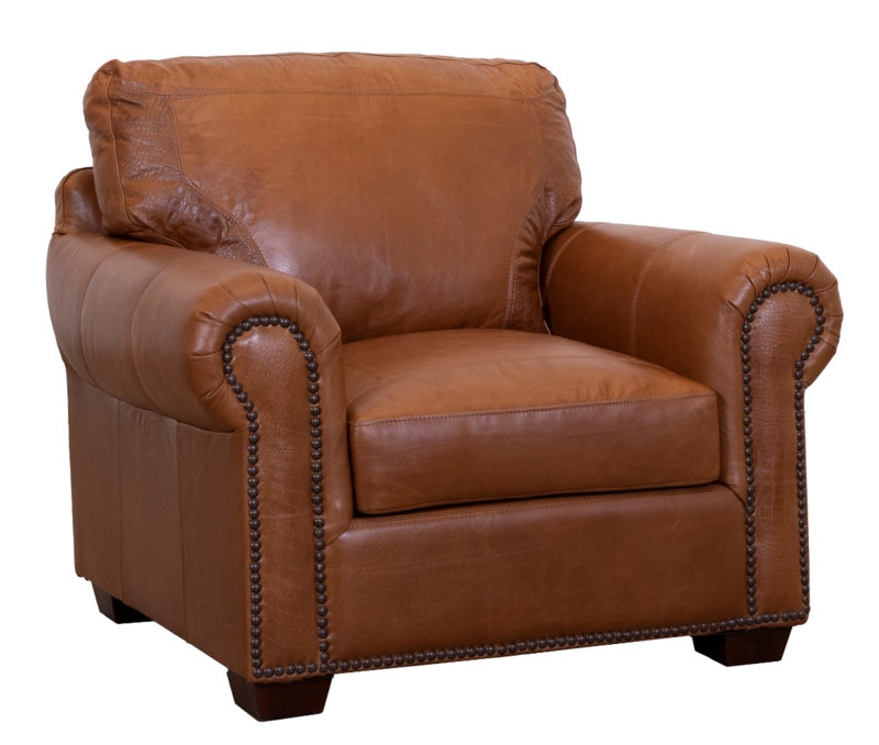 Armchair in Saddle Brown: Rustic Overstuffed Back and Embossed Details