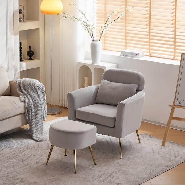 Armchair Light Grey Velvet Gold Tapered Legs Integrated Ottoman Set