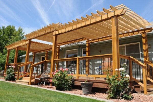Attached Pergola for Deck with Honey Toned Wood Finish