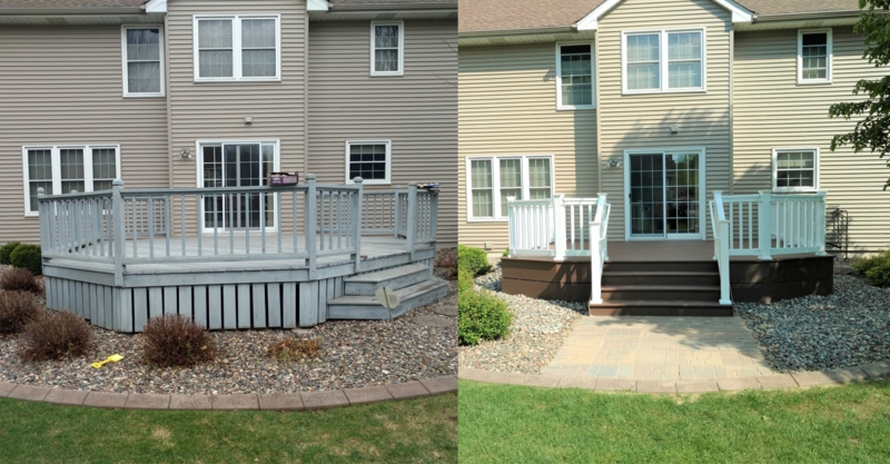 Backyard Deck With Paver Landing: Dark Brown & White Railing