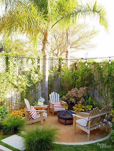 Backyard Tropical Garden with Gravel Fire Pit Area & Adirondack Chairs