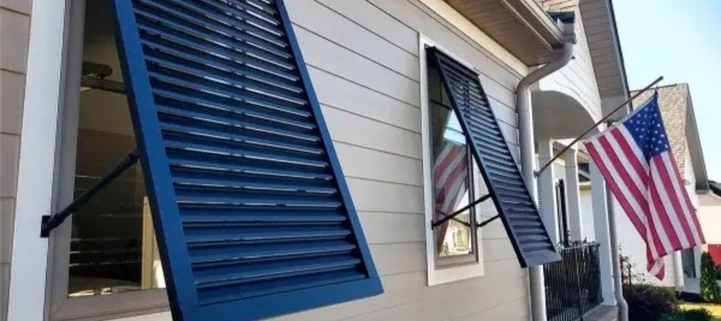 Bahama Shutter: Navy Blue Top-Hinged aluminum for Coastal Exterior