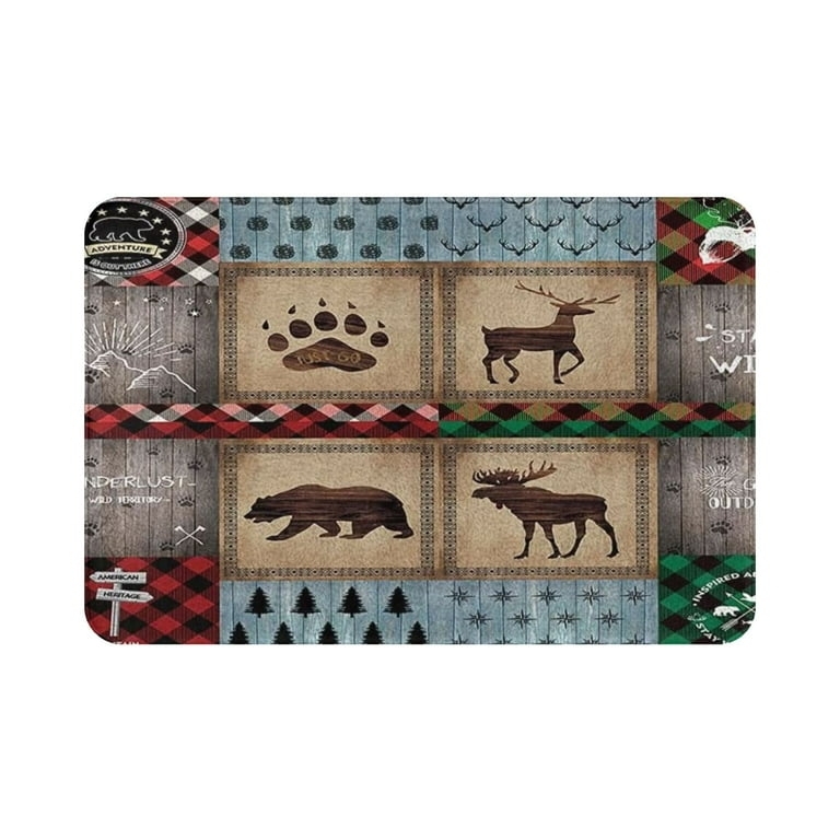 Bath Mat Patchwork Wildlife Design Mixed Plaid Borders Vintage Wood Look