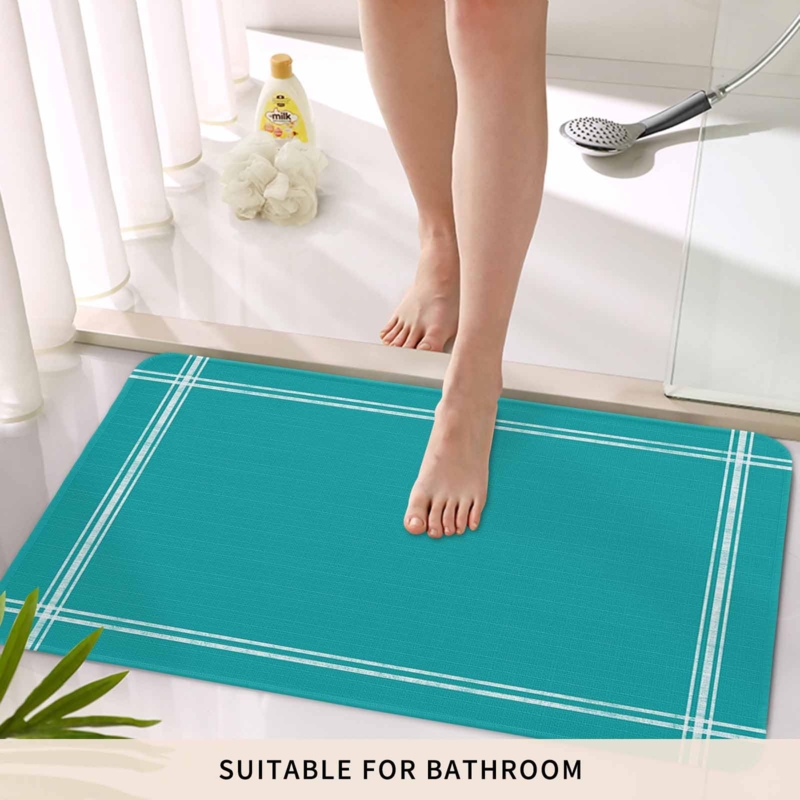 Bath Mat Teal Pinstripe Border Quick Dry Fresh Bathroom Decor