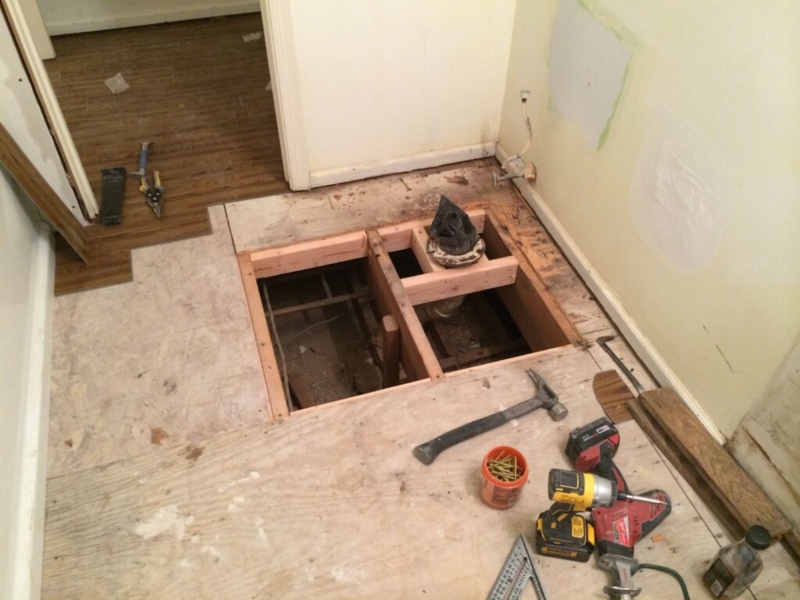 Bathroom Subfloor Repair Project Exposed Joists Toilet Flange