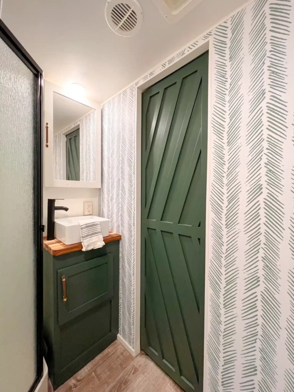 Bathroom Vanity Forest Green Vessel Sink Diagonal Slats Barn Door