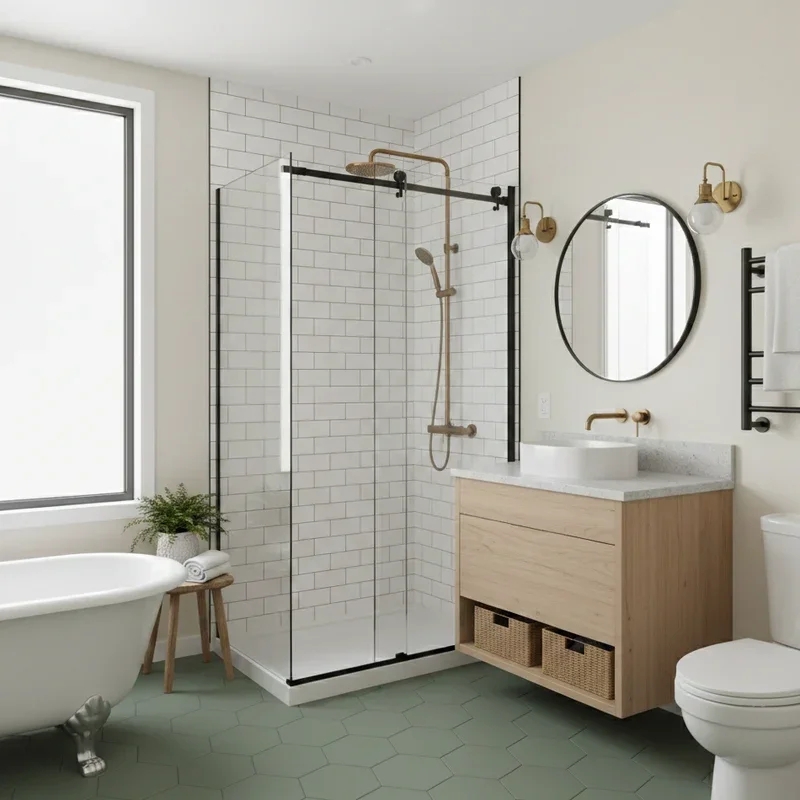 Bathroom with Sage Green Hex Tiles and Floating Wood Vanity