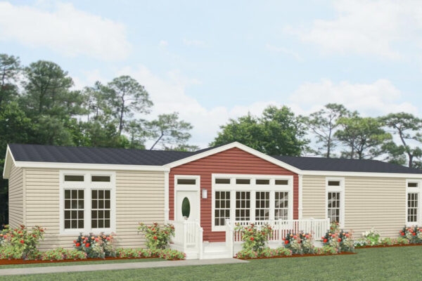 Beige Manufactured Home with Reddish-Brown Gable Accent
