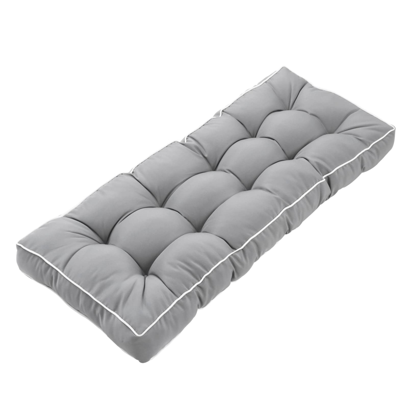 Bench Cushion Gray Tufted Outdoor Pad with White Piping Detail