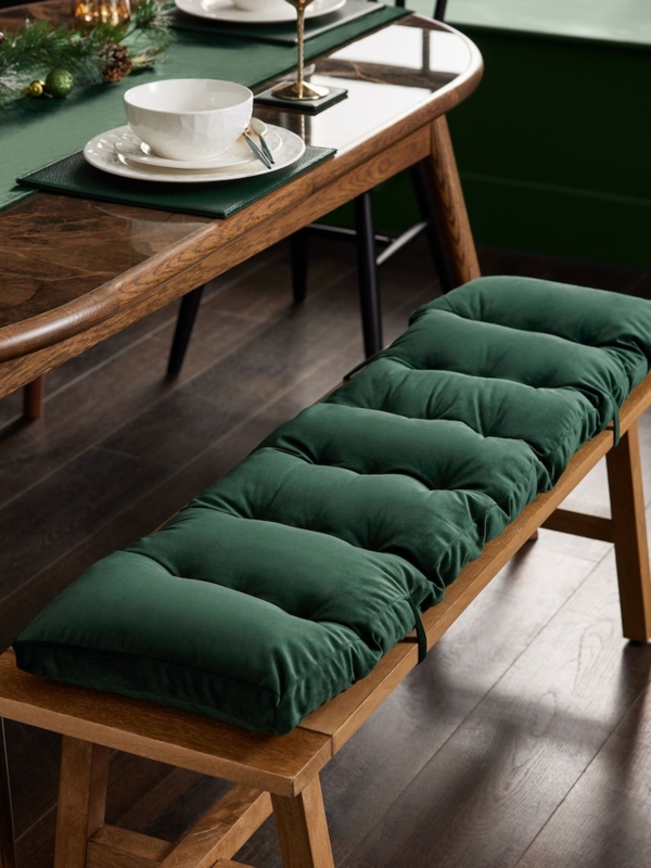 Bench Cushion Olive Green Velvet-Like Tufted Pad with Ties Rustic