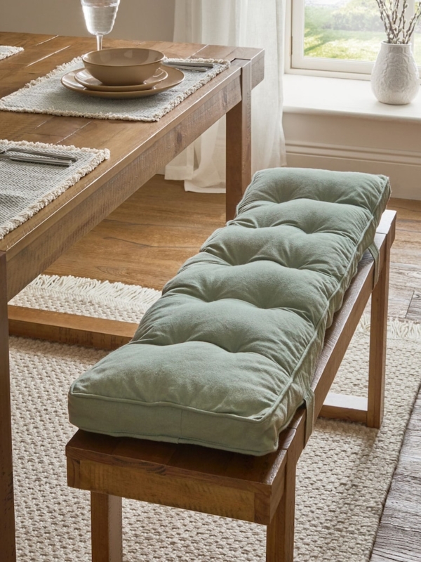 Bench Cushion Sage Green Linen Look Padded Tufted Pad Farmhouse Style