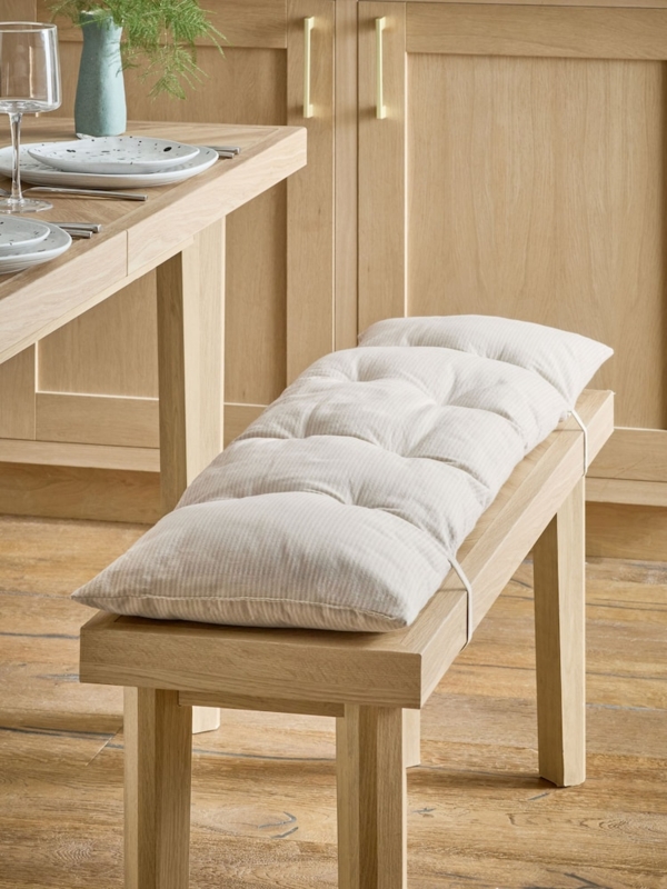 Bench Cushion Tufted Cream Pinstripe Pad with Straps Scandi Style