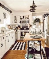 Black and White Checkered Rug Kitchen with Butcher Block Island