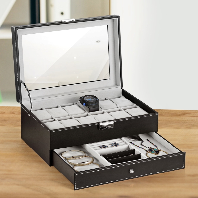 Black Jewelry Box Double Layer Built-In Mirror White Contrast Stitching