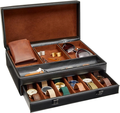 Black Jewelry Box Dual Layer Watch And Wallet Tray Contrast Lining