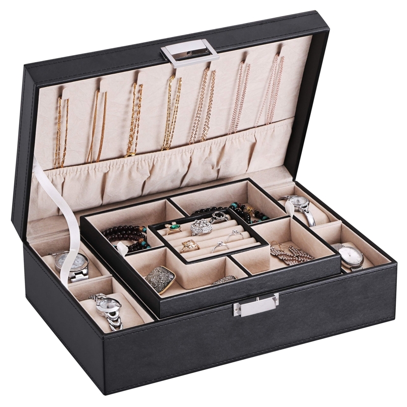 Black Jewelry Box with Removable Tray and Watch Storage