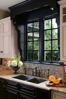 Black Kitchen Window Trim Design with matching Decorative Valance