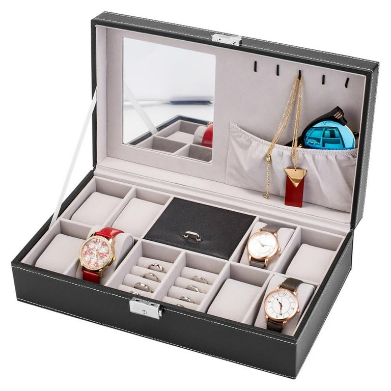 Black Leather Watch Organizer Box with 8 Slots and White Topstitching