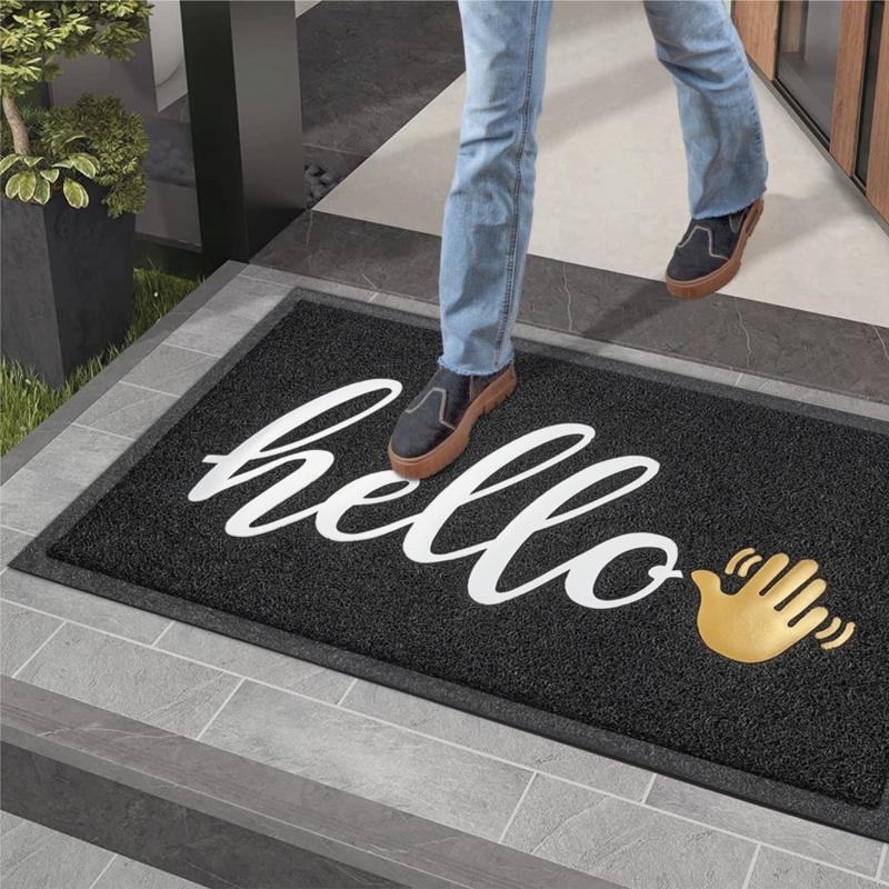 Black Low Profile Doormat with Gold Waving Hand Icon