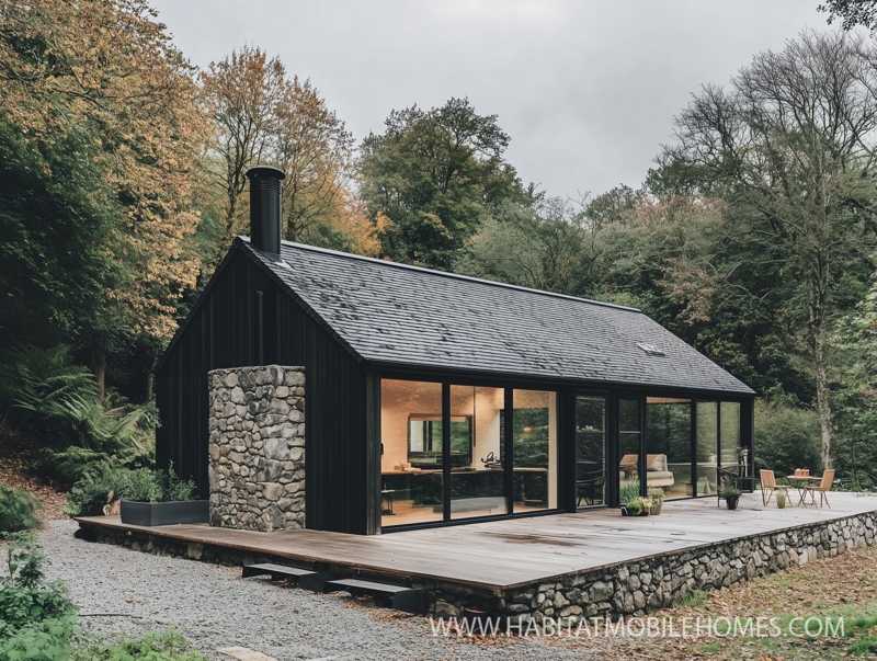 Black Modular Cabin Design with Full Height Glass and Stone Chimney