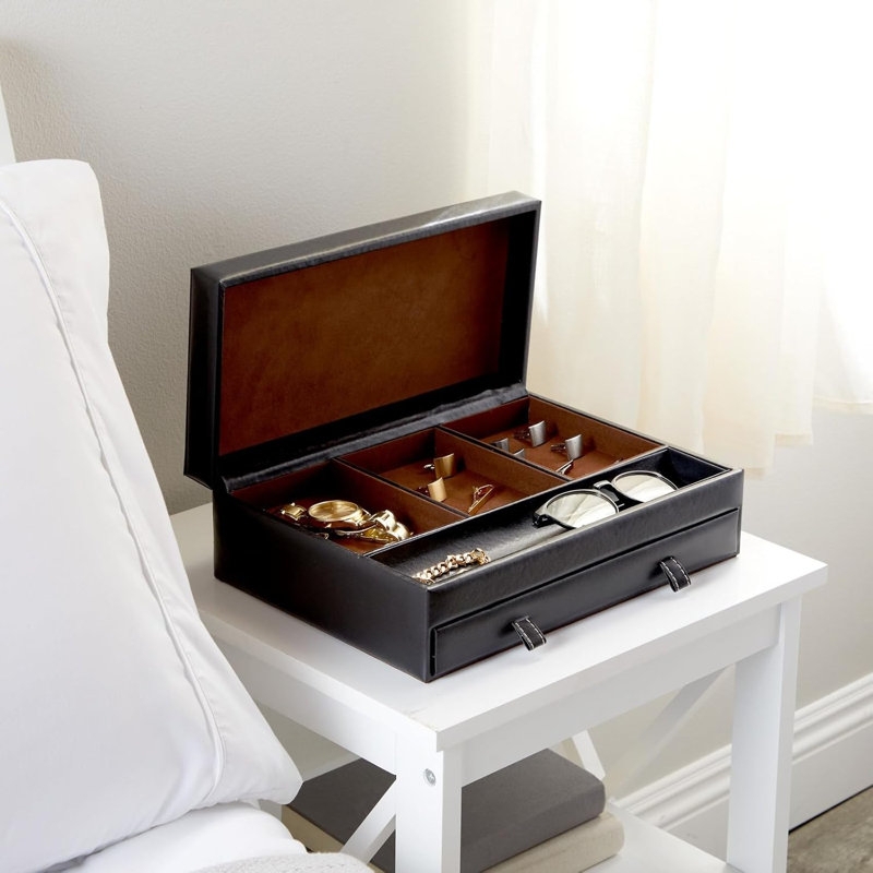Black Pebbled Jewelry Box Suede-Like Lining Pull Out Drawer Valet Tray