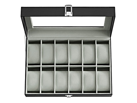 Black Watch Box 12 Slots Matte Finish Grey Interior Contrast Glass Lid