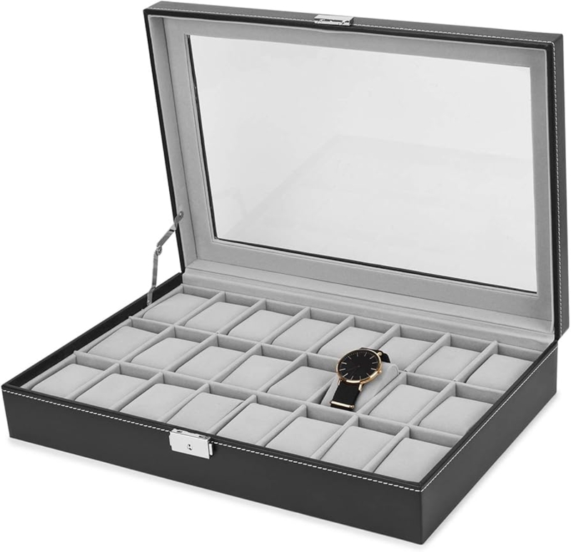 Black Watch Box 24-Slot Watch Display Case Clear Lid Contrast Stitching